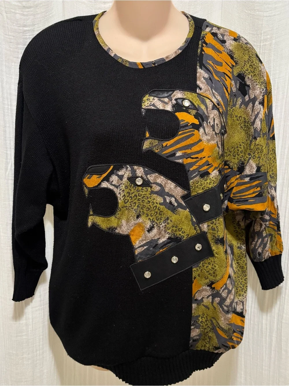 Vintage 80s Jinny Jin Mixed-Media Statement Knit Sweater – Wild Cat/Animal Print